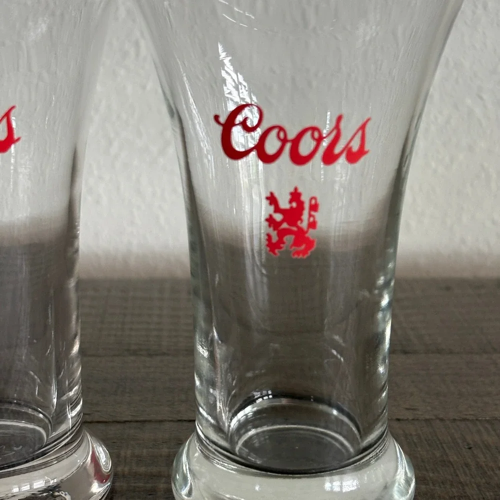 Coors Beer Pilsner Glasses Clear Red Vintage‎ Logo Lion Crest Set of 2