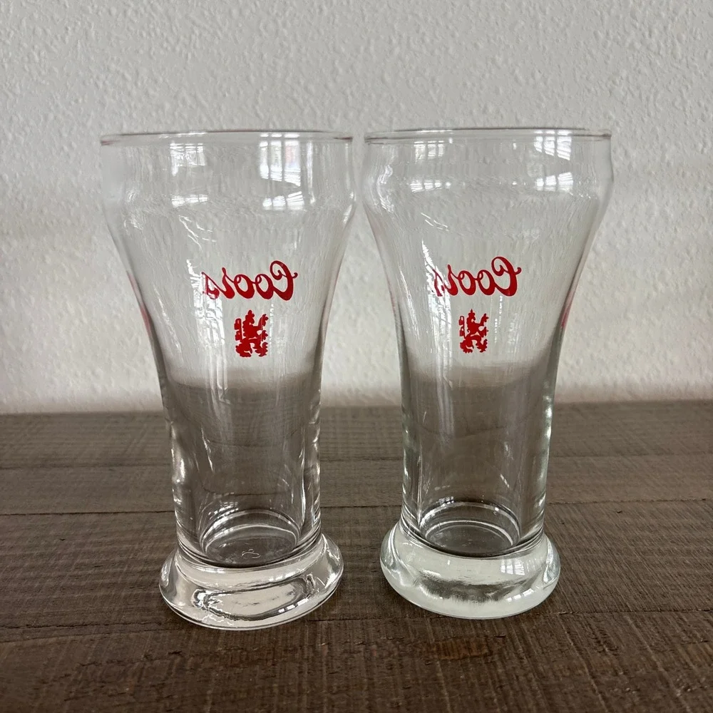 Coors Beer Pilsner Glasses Clear Red Vintage‎ Logo Lion Crest Set of 2