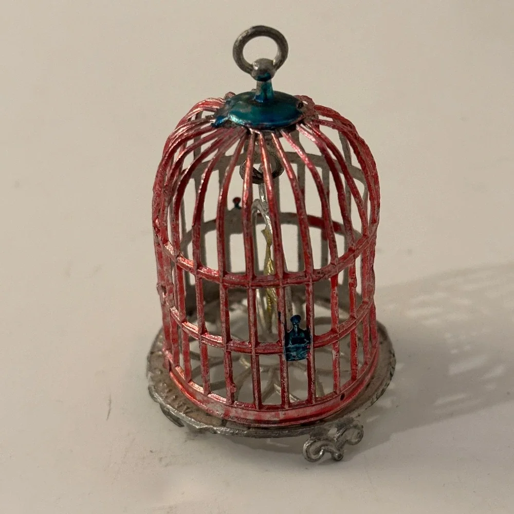 VTG Antique German Dollhouse Miniature Bird Cage Soft Metal Spelter Canary