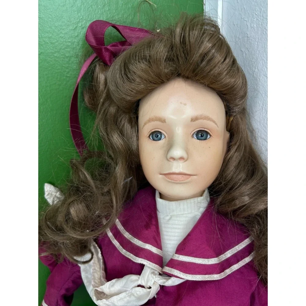 Vintage Porcelain Doll Burgundy Sailor Outfit Brunette Curls Blue Eyes 16 Inch