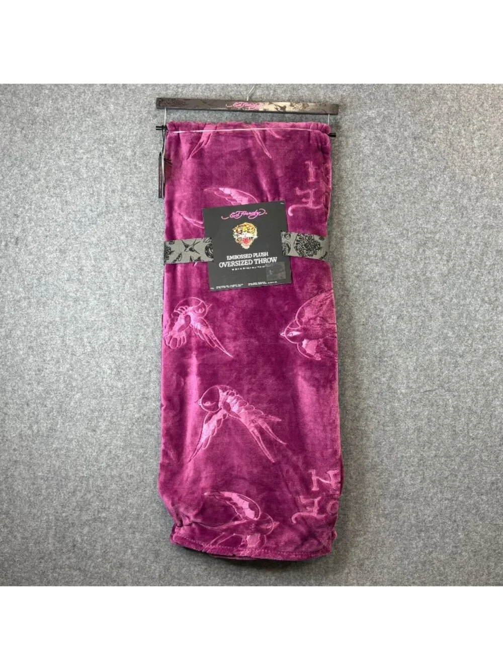 Ed Hardy Embossed Plush Oversized Throw Purple 60 x 70 Blanket Soft Cozy - NEW