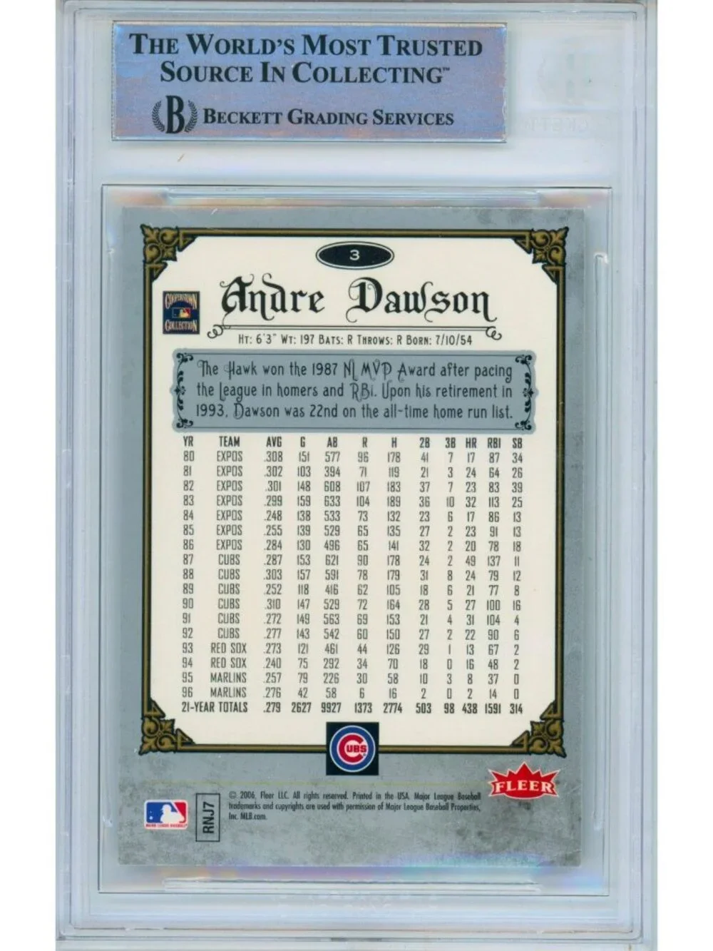 Andre Dawson Signed 2006 Fleer Greats of the Game #3 Chicago Cubs BAS Slab Auto
