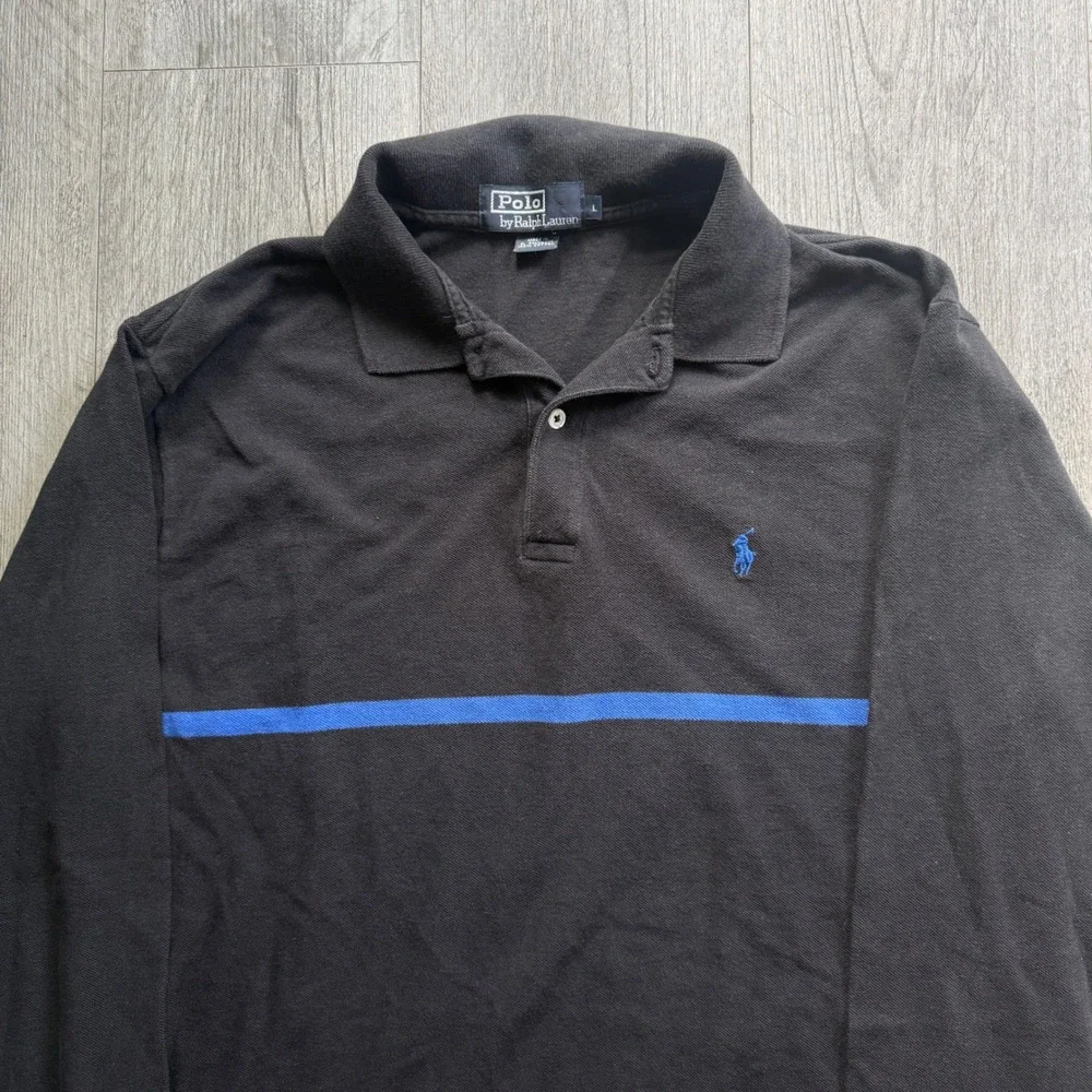 Y2K Polo Ralph Lauren Mens L Long Sleeve Black Polo Blue Stripe Pony Grunge