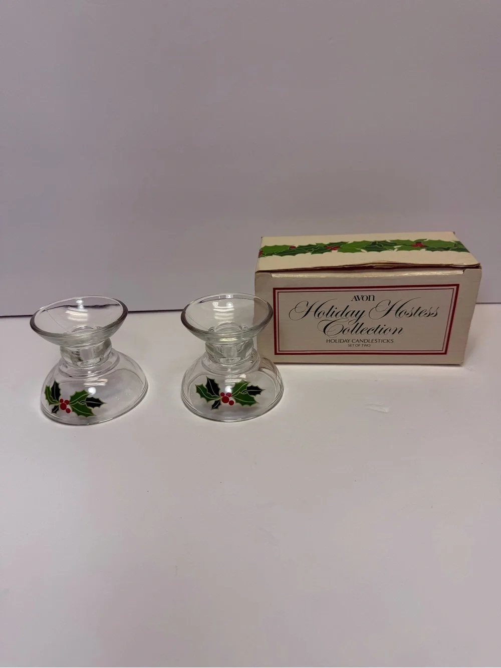 Vintage 1981 Avon Christmas Holly Holiday Hostess Collection Candlestick Set 2