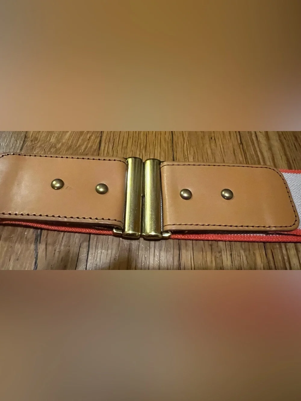 Fossil Beige Elastic Belt with Tan Leather and Gold-Tone Buckle