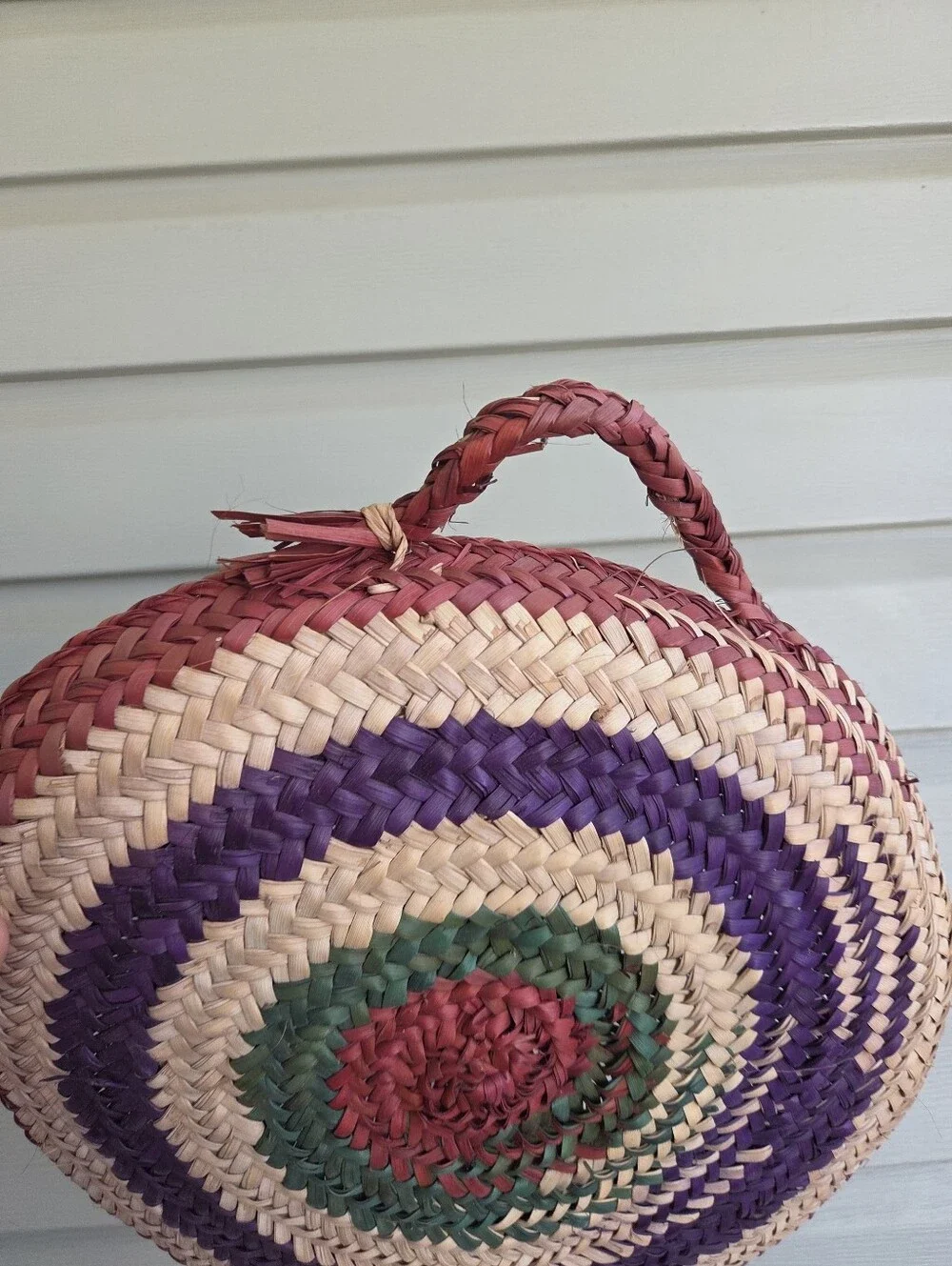 Handmade straw colorful woven basket wall hanging