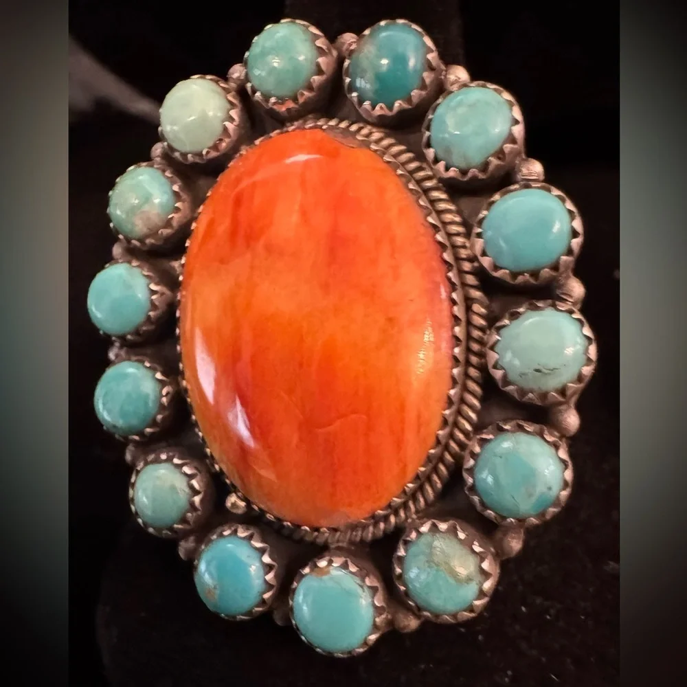 Spiny oyster Orange &‎ genuine, Kingman Turquoise Statement Ring sterling silver