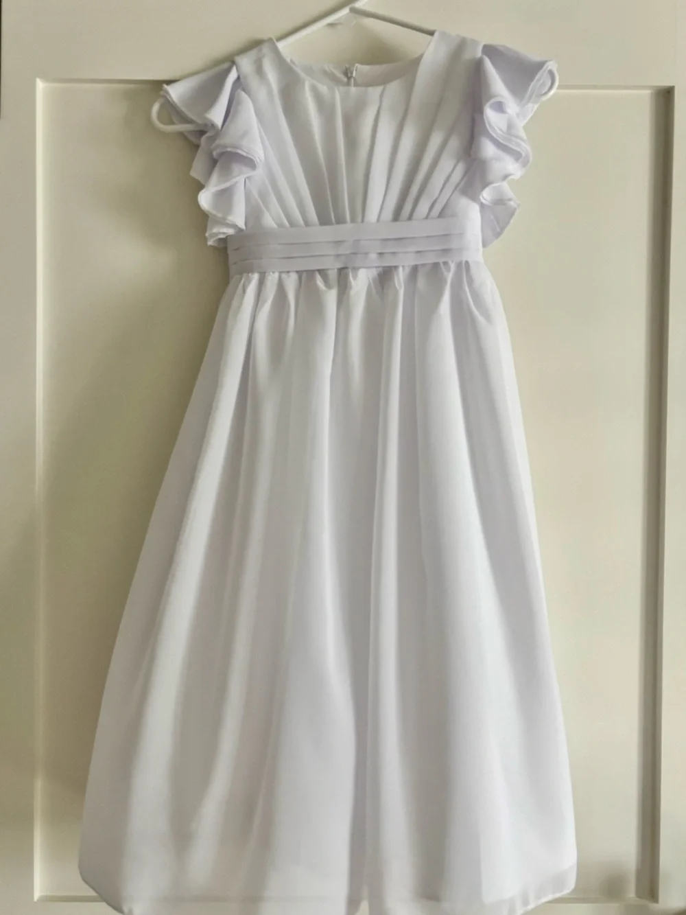 Classic White Girls' Dress with Ruffle Sleeves 4-5T