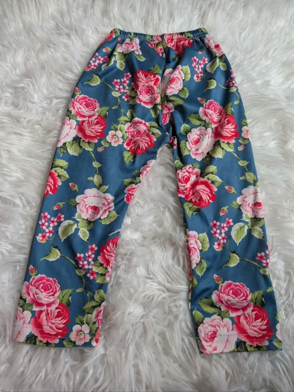 Girls Floral Legging Pants - Blue with Pink Rose Print