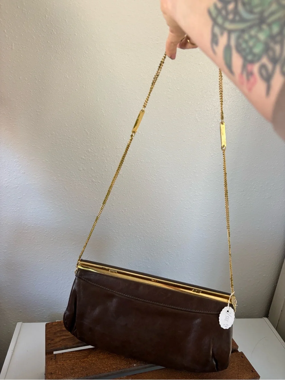 Vintage Sambena brown leather gold chain kiss lock clutch or shoulder bag