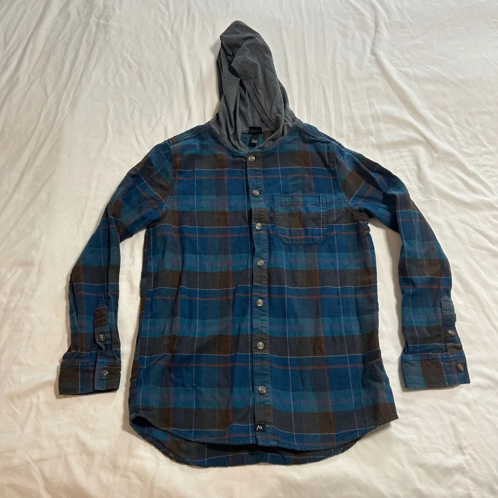 Art Class Boys Hooded Flannel Shirt Blue Brown Plaid L 12/14‎ Button Down Hoodie