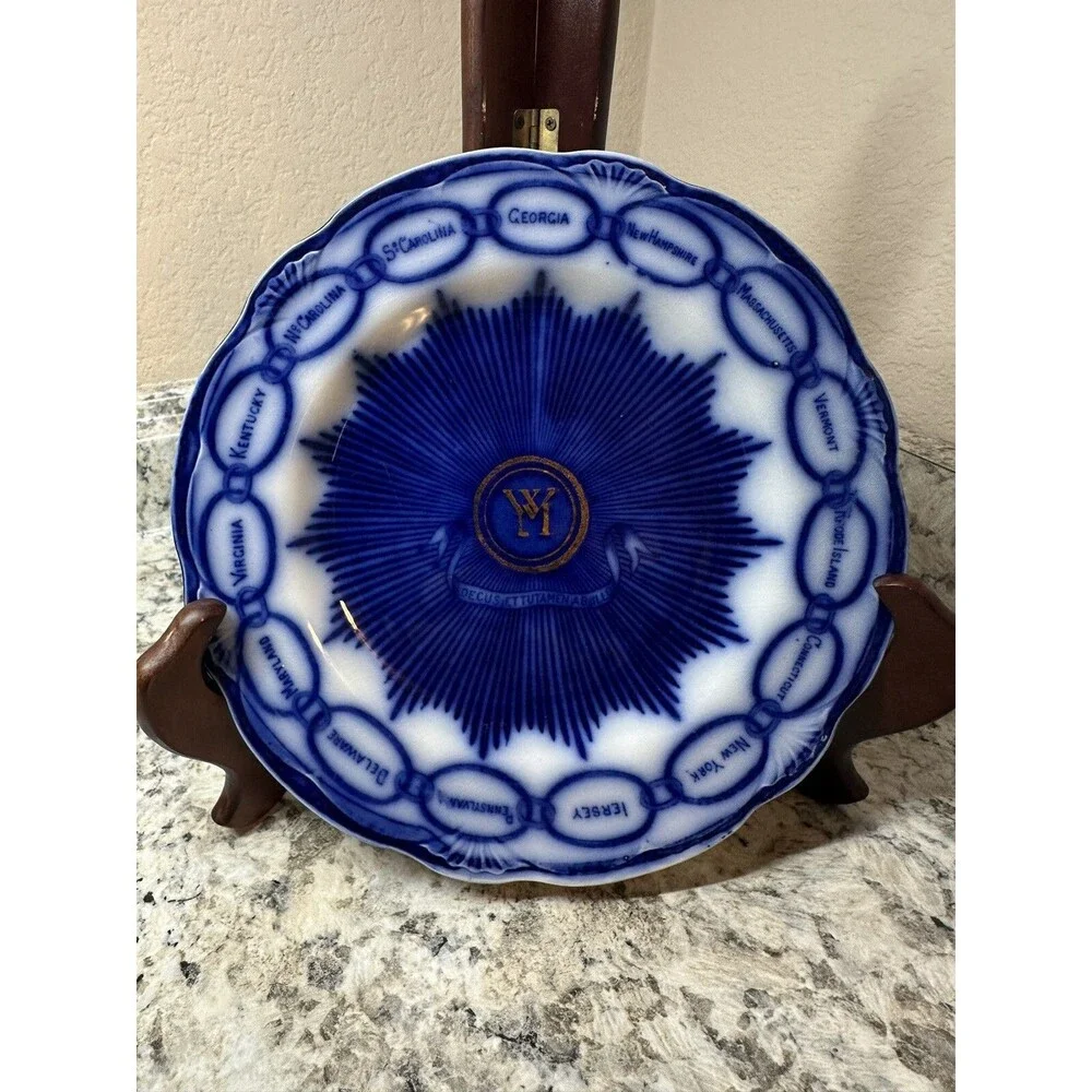 Staffordshire Flow Blue Plate, CHAIN OF STATES, Martha Washington