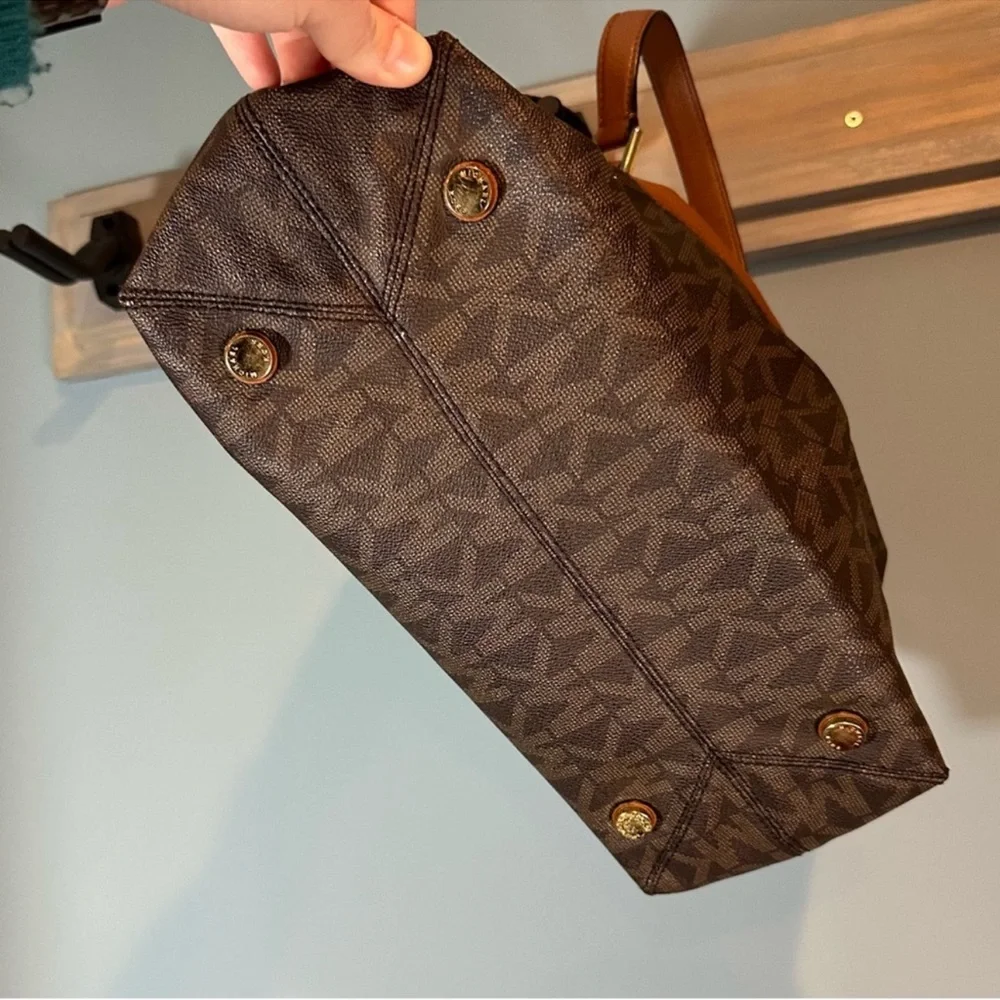MK Brown Leather Mira Monogram Satchel Crossbody Bag with Detachable Wallet RARE