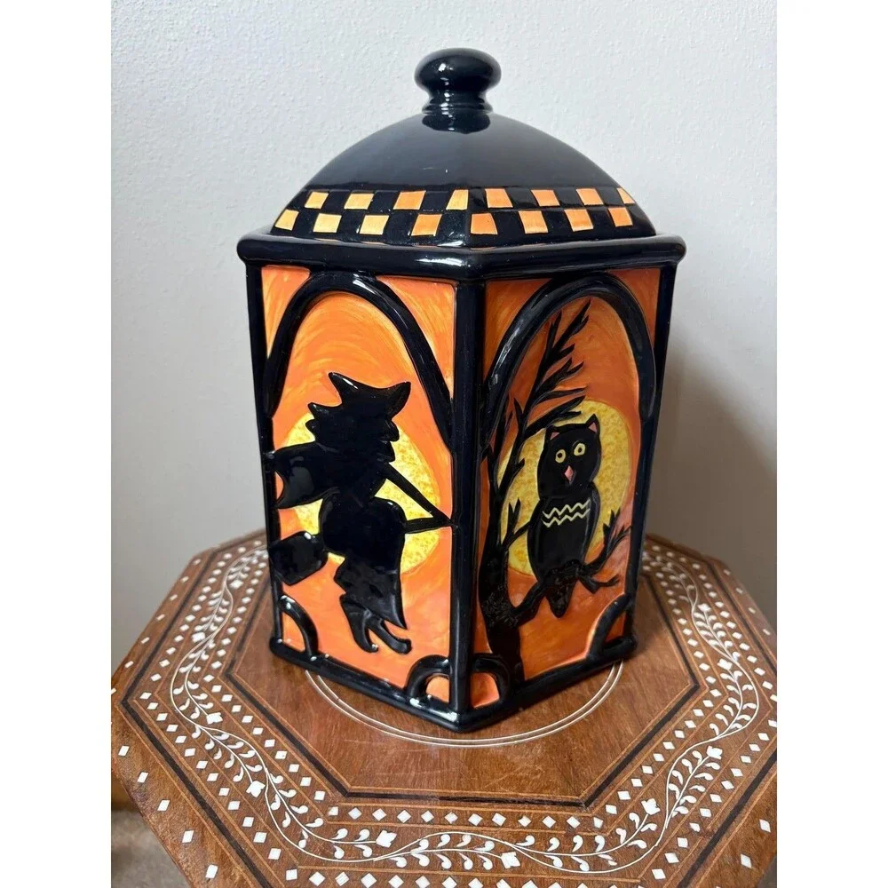 Vintage Spooky Hollow 11” Halloween Cookie Jar Witch Black Cat Owl Orange Black