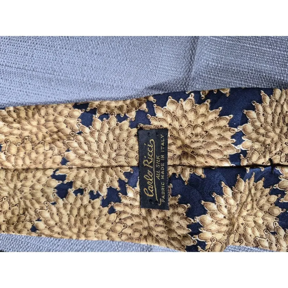 Carlo Ricci Tie Mens Gold Navy Silk Floral Sunburst Necktie Handmade Italy