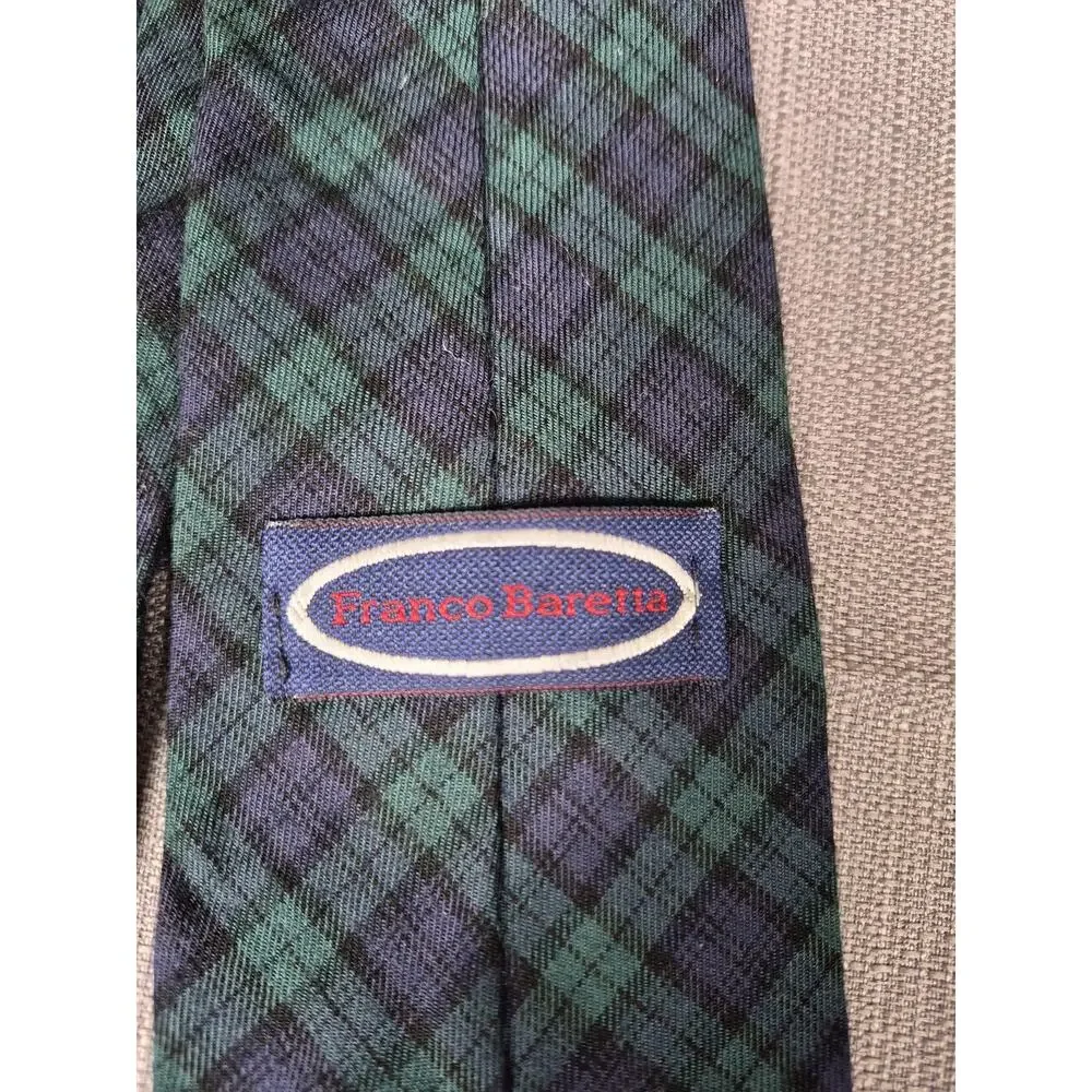 Franco Baretta Tie Mens Green Blue Tartan Plaid 100% Cotton Classic Necktie
