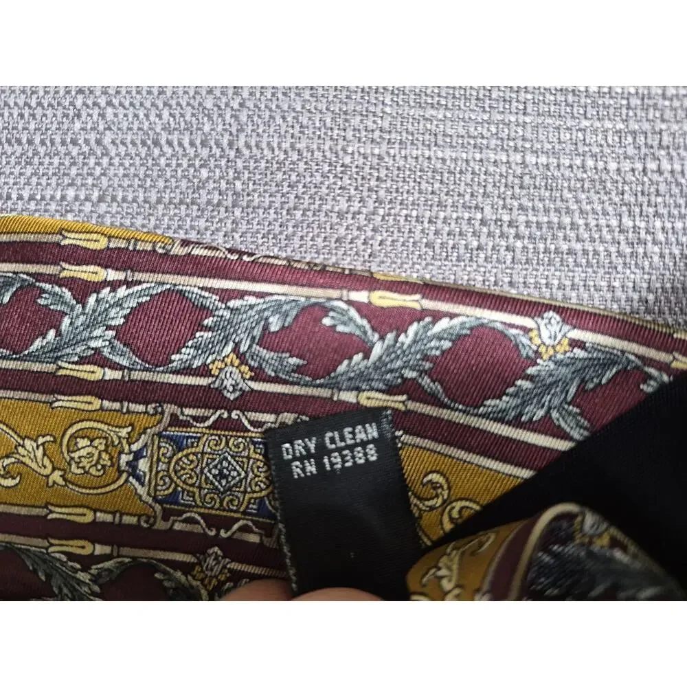 Bill Blass Tie Mens Silk Necktie Gold Burgundy Stripe Baroque Scroll Classic