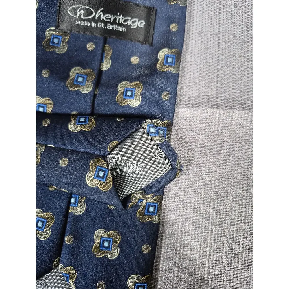 Heritage Tie Mens Blue Geometric Medallion Classic Necktie Made In Gt Britain