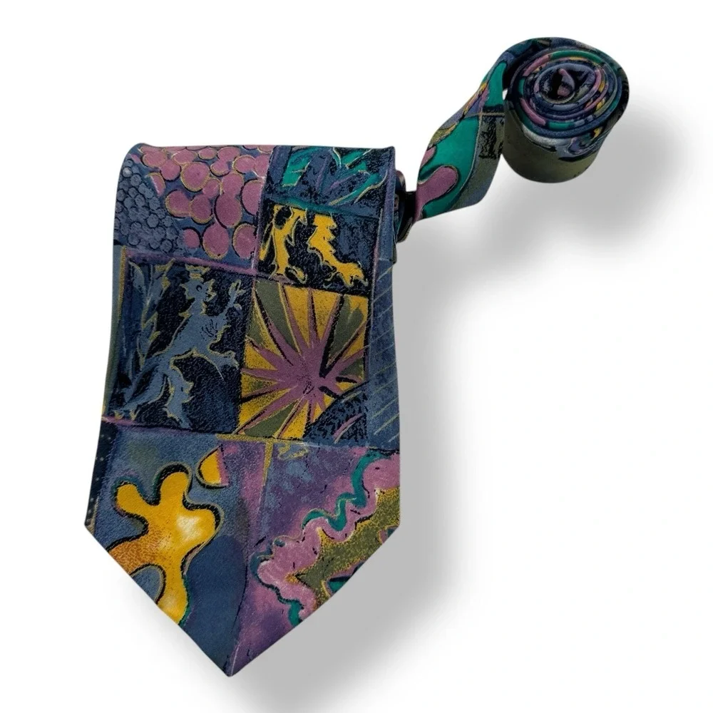 Unbranded Hand Made in Italy 100% Silk Tie Blue Purple Yellow Abstract 3.75