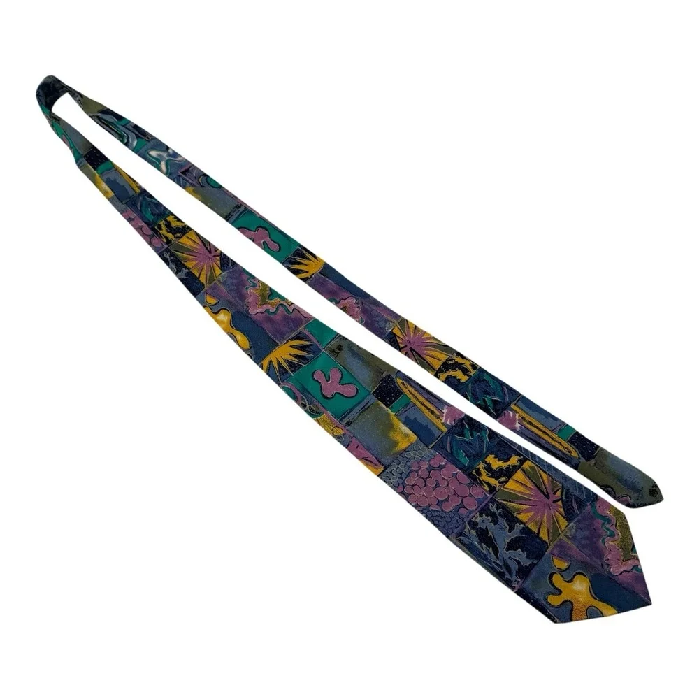 Unbranded Hand Made in Italy 100% Silk Tie Blue Purple Yellow Abstract 3.75