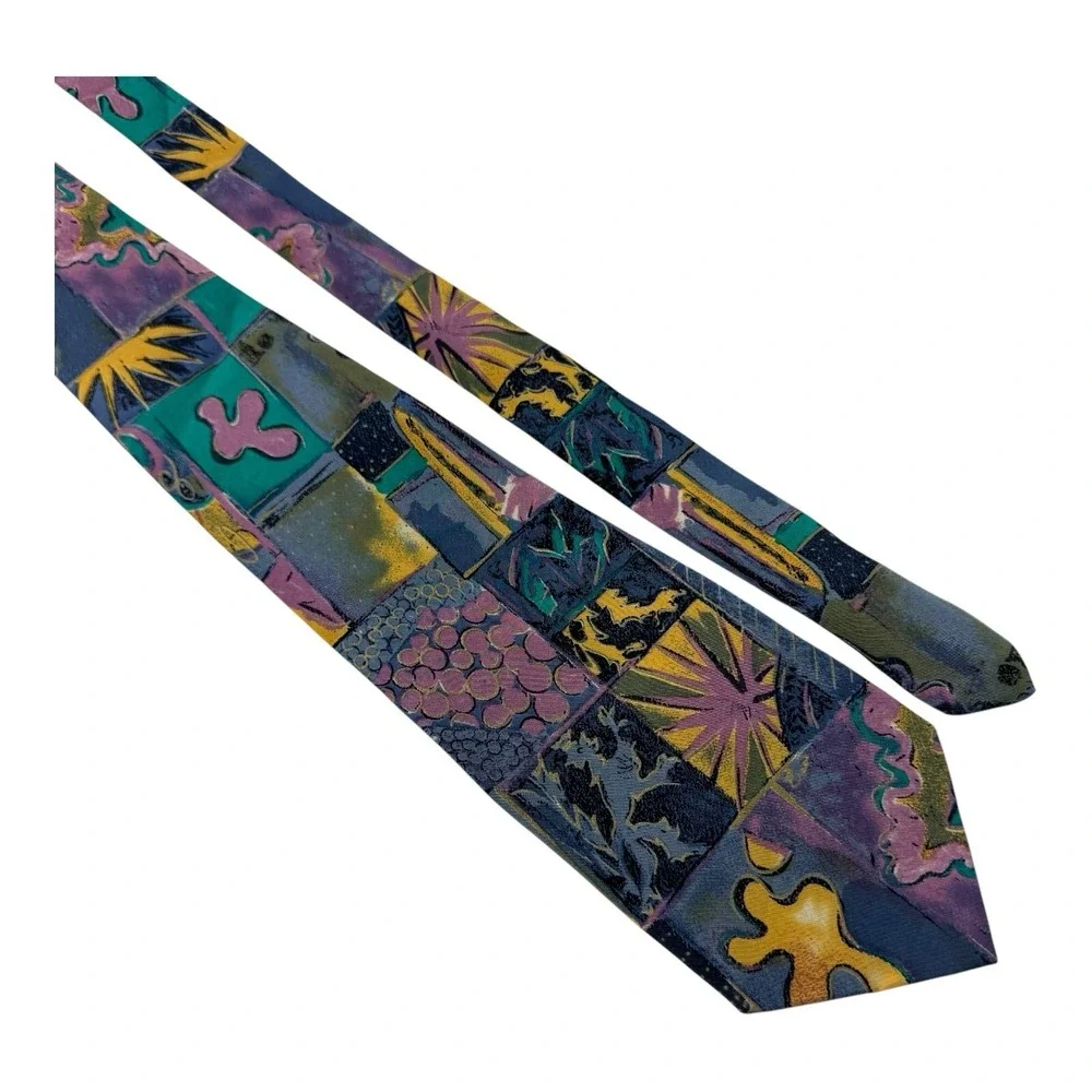 Unbranded Hand Made in Italy 100% Silk Tie Blue Purple Yellow Abstract 3.75