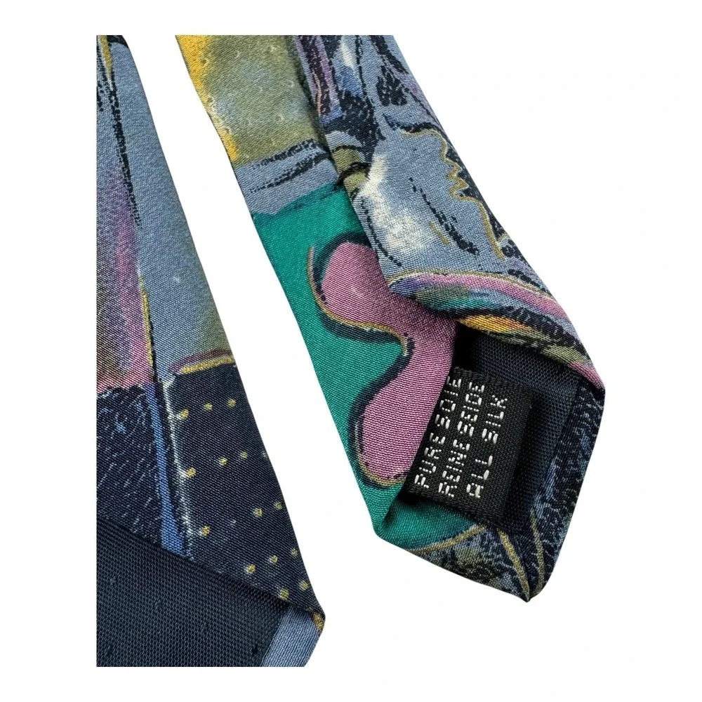 Unbranded Hand Made in Italy 100% Silk Tie Blue Purple Yellow Abstract 3.75