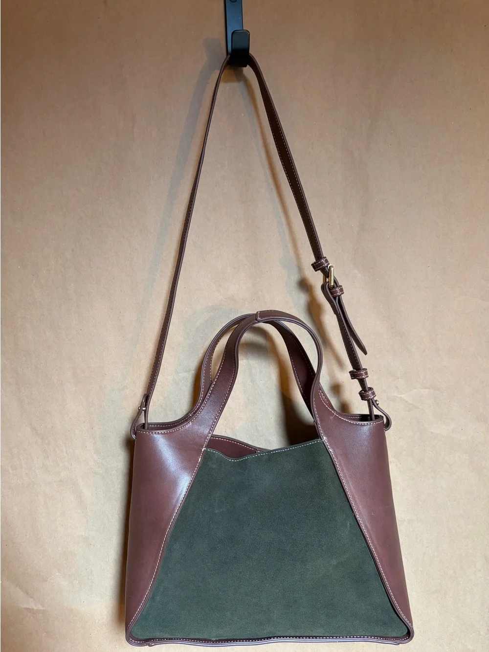 J. McLaughlin Brown Leather Shoulder Bag with Green Suede Panel