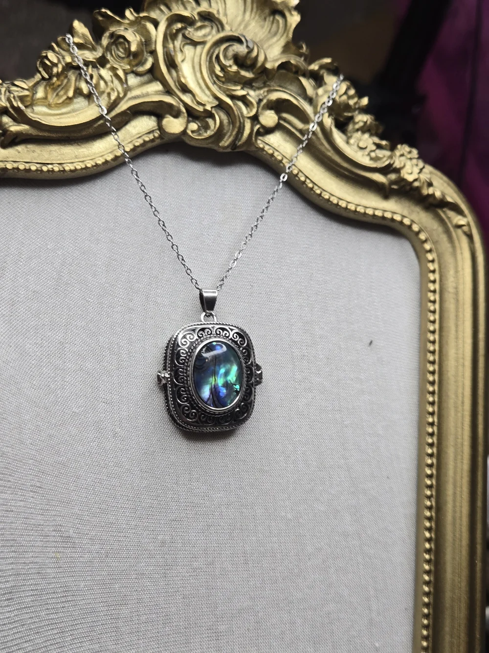 Sterling-Style Silver Locket Necklace with Iridescent Blue Stone