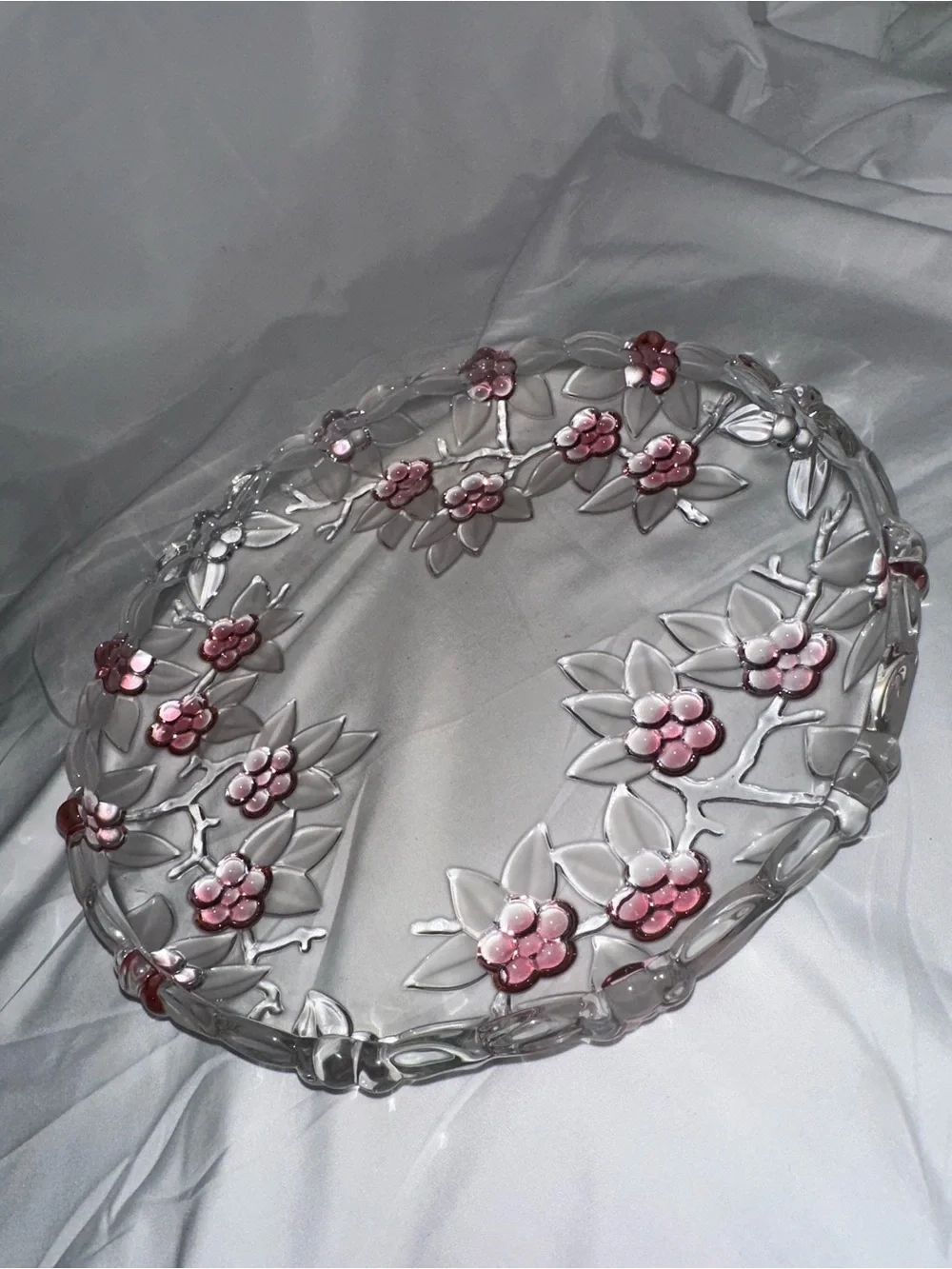 Pink Floral Clear Glass 11.5” Serving Platter Raised Flowers