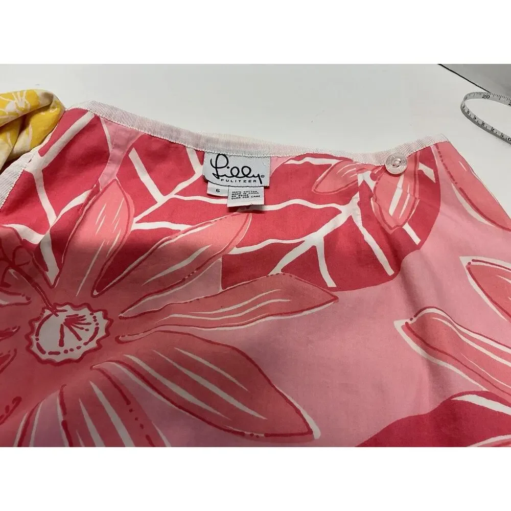 VTG Lilly Pulitzer Size 6 'Reversible' Wrap‎ Skirt Pink Flowers & Yellow