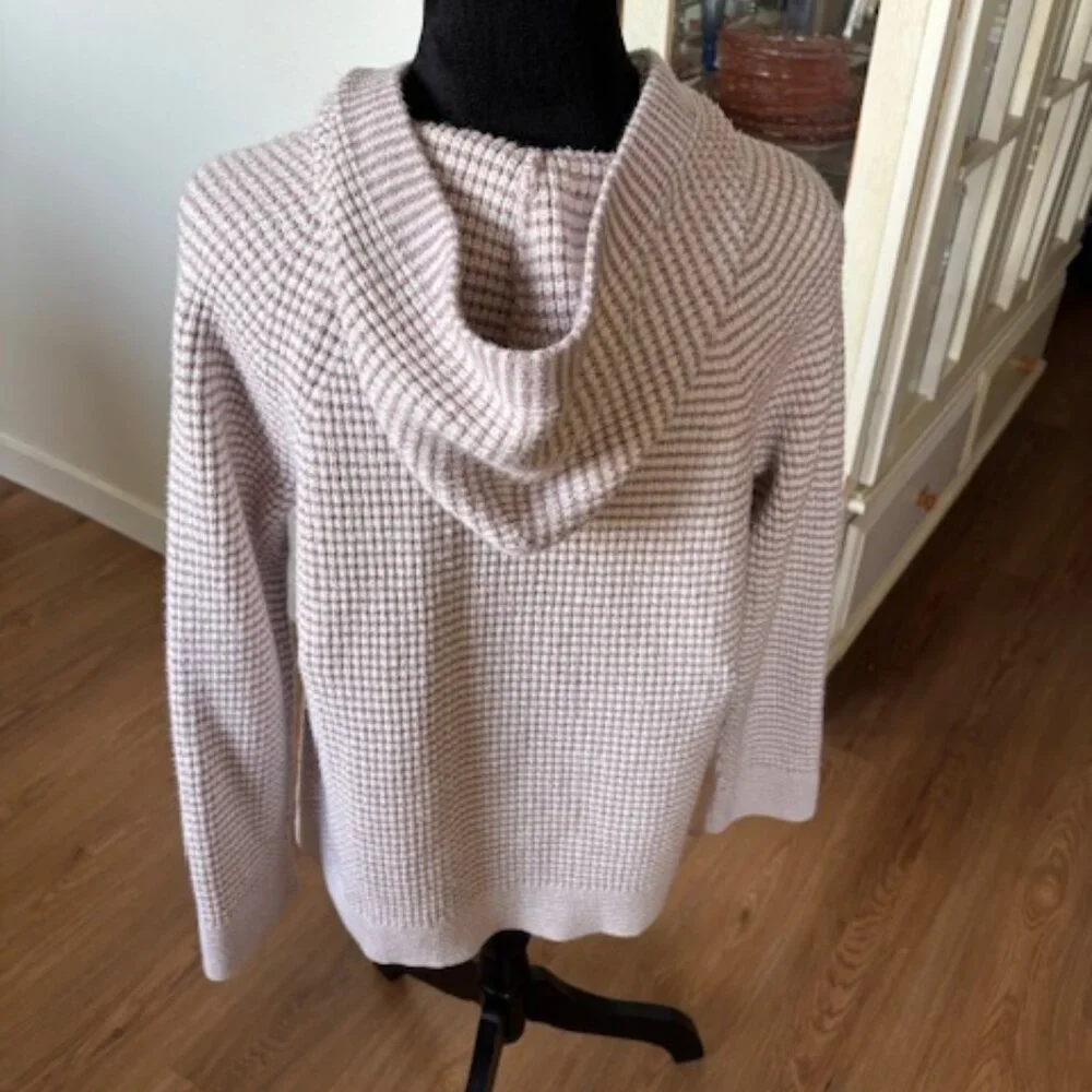 J Jill Pink Stripe Waffle Thermal Knit Hooded Pullover EUC M