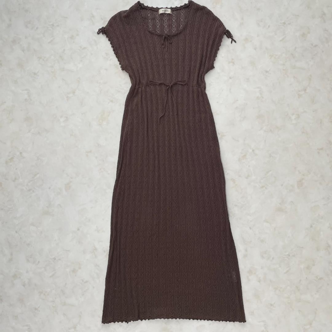 Ingeborg Openwork Knit Dress Ribbon Sleeves Dark Brown Long F