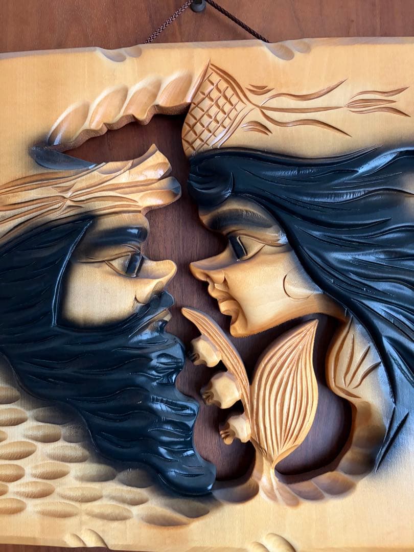 Wooden Carved Art Panel, Male and Female Faces, Hokkaido Ainu Wood Carving Wall Hanging