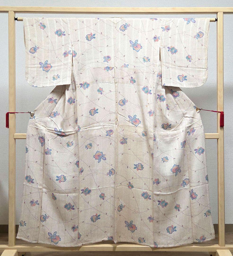 ◆Kimono Relaxation Unlined Cute Flower Pattern Cream Color Pure Silk Komon Kimono