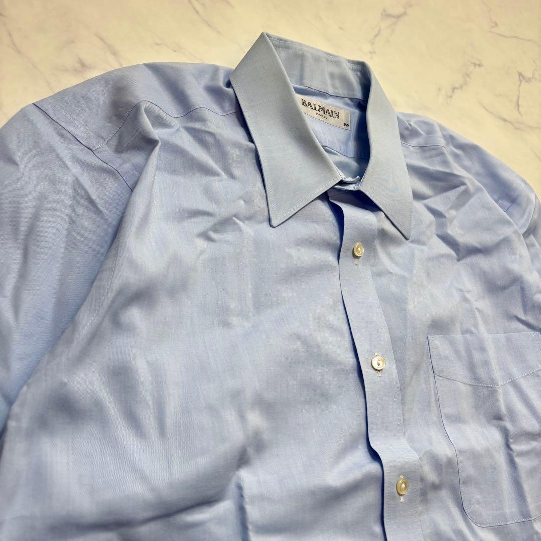 Balmain Short Sleeve Dress Shirt Men's [L] Sax Blue Wrinkle-Resistant Made in Japan