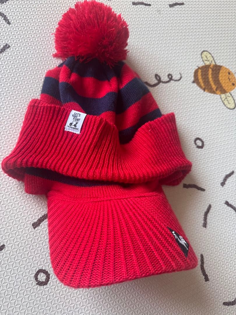 Red and navy striped knit hat