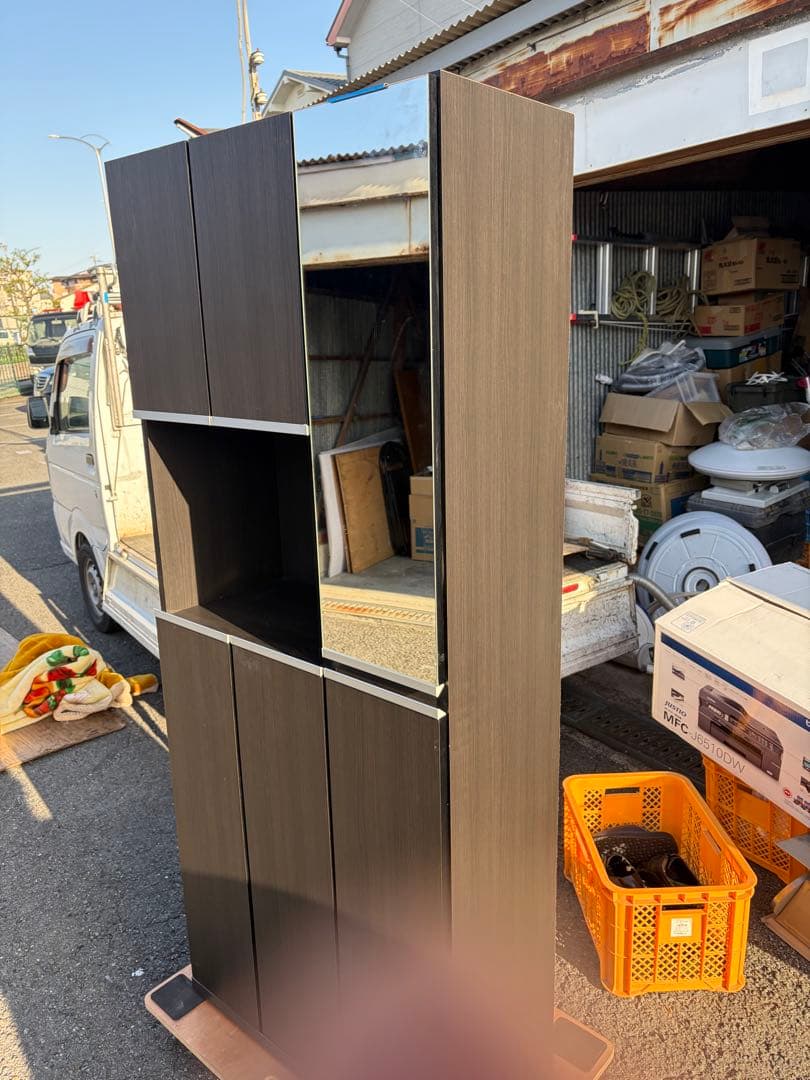 Shoe cabinet with mirror, louvered doors, natural, dark brown, shoe box