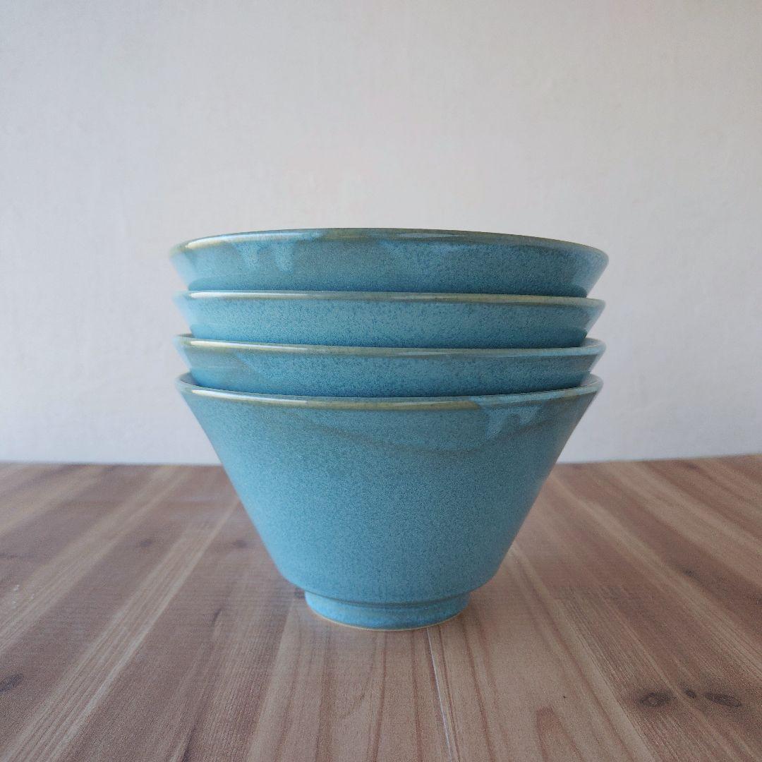 Blue Curved Bowl, Set of 4 - Mino Ware (New, Unused)