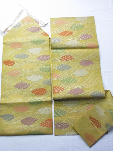 Beautiful condition! Silk gauze * Gold and silver thread * Modern plant pattern * Mustard color * Spring/Summer item * High quality * Full pattern * Fukuro obi type * Pre-tied obi