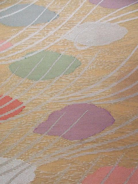 Beautiful condition! Silk gauze * Gold and silver thread * Modern plant pattern * Mustard color * Spring/Summer item * High quality * Full pattern * Fukuro obi type * Pre-tied obi