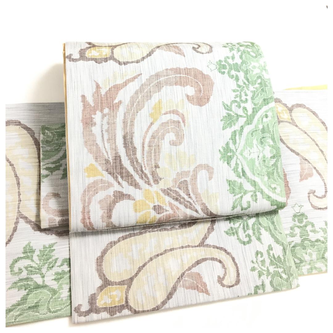 Beautiful Condition, Pure Silk, Two-Piece Fukuro Obi, Greige, Tsumugi Fabric, Botanical Paisley Sarasa, Pre-tied Obi