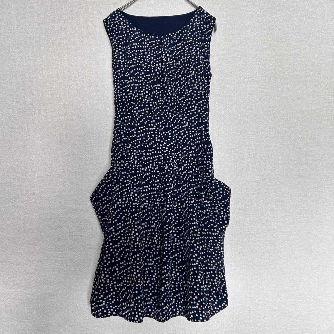 Dress Sleeveless Polka Dot Navy Drape Pockets M Unique Summer