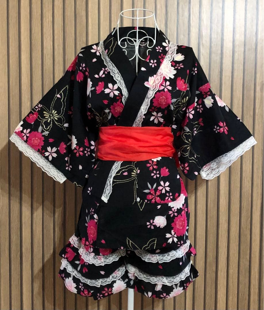 Y2K 00s Heisei Gal Jirai Floral Butterfly Glitter Yukata Dress Lace M Hime-kei