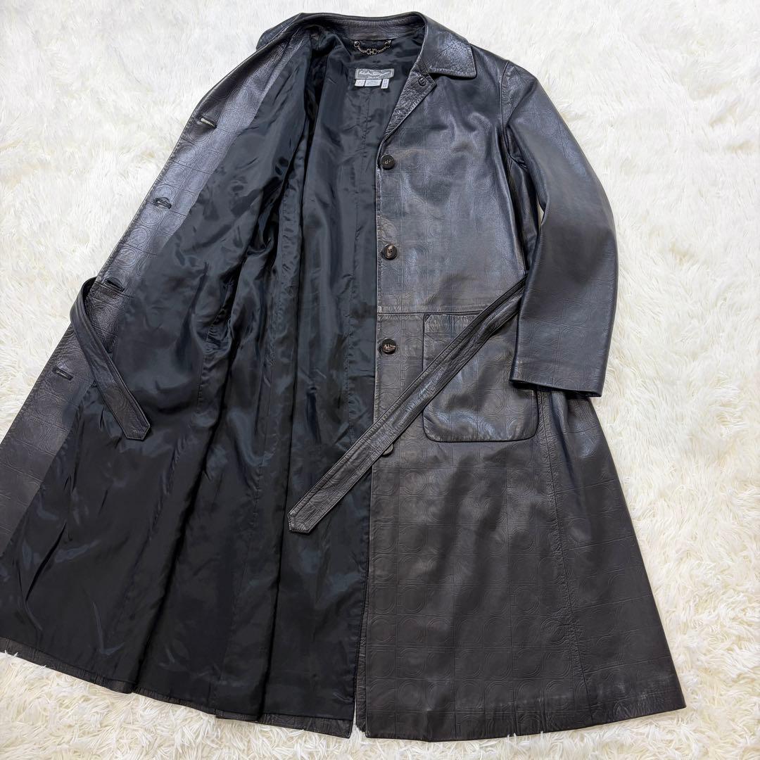 【Excellent Condition】Salvatore Ferragamo Gancini Pattern Leather Coat Long Lambskin Black L