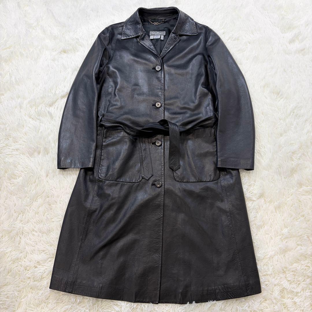【Excellent Condition】Salvatore Ferragamo Gancini Pattern Leather Coat Long Lambskin Black L
