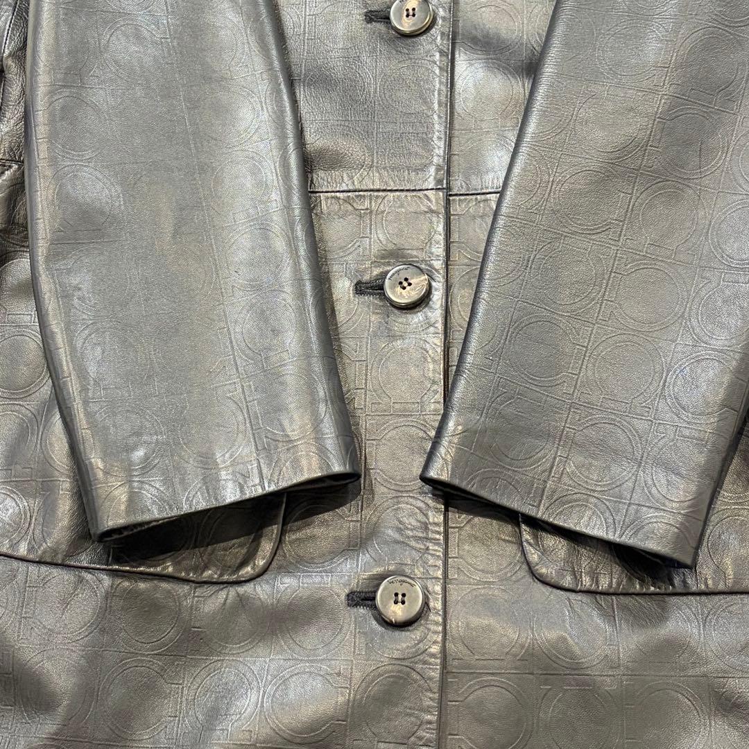 【Excellent Condition】Salvatore Ferragamo Gancini Pattern Leather Coat Long Lambskin Black L