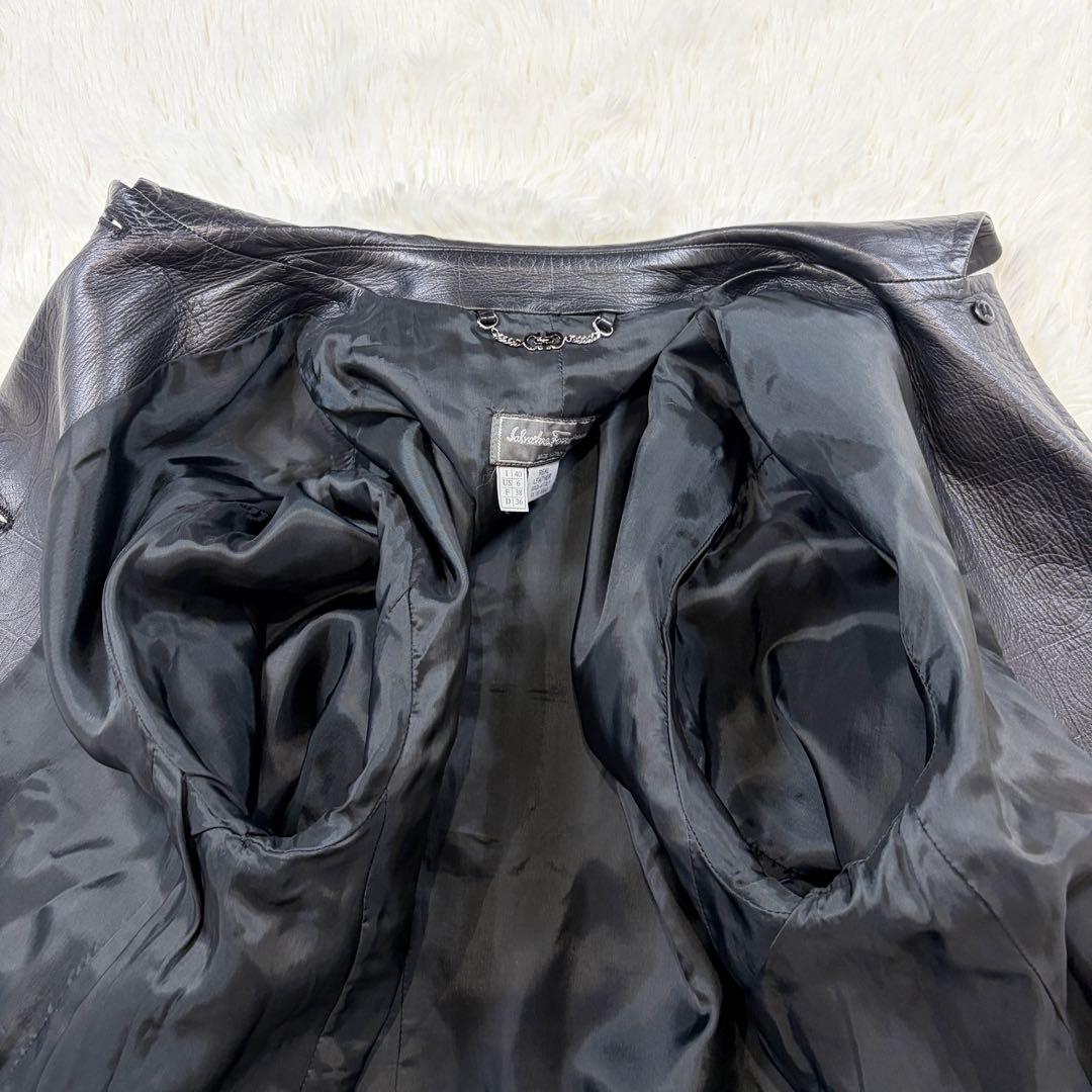 【Excellent Condition】Salvatore Ferragamo Gancini Pattern Leather Coat Long Lambskin Black L
