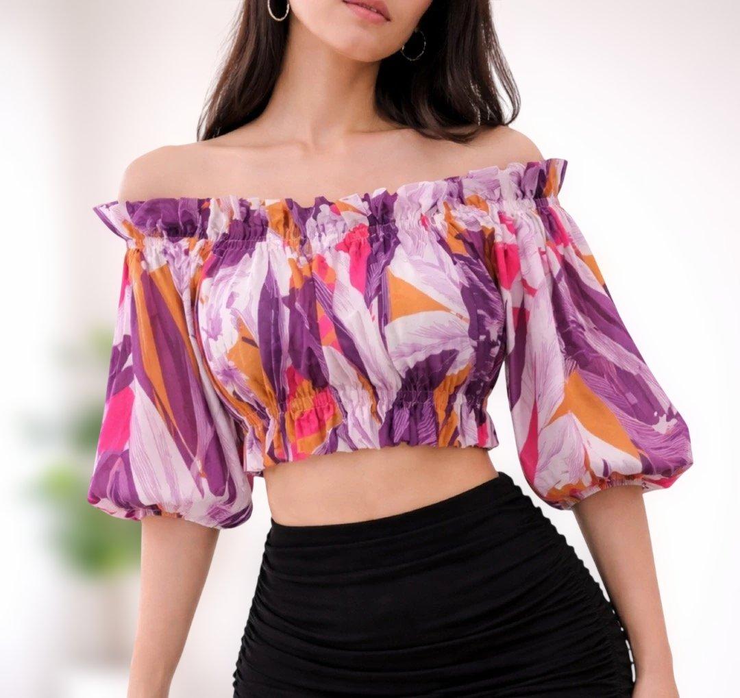 Off-the-shoulder Cropped Top, Colorful Puff Sleeves, Social Dance, Hula
