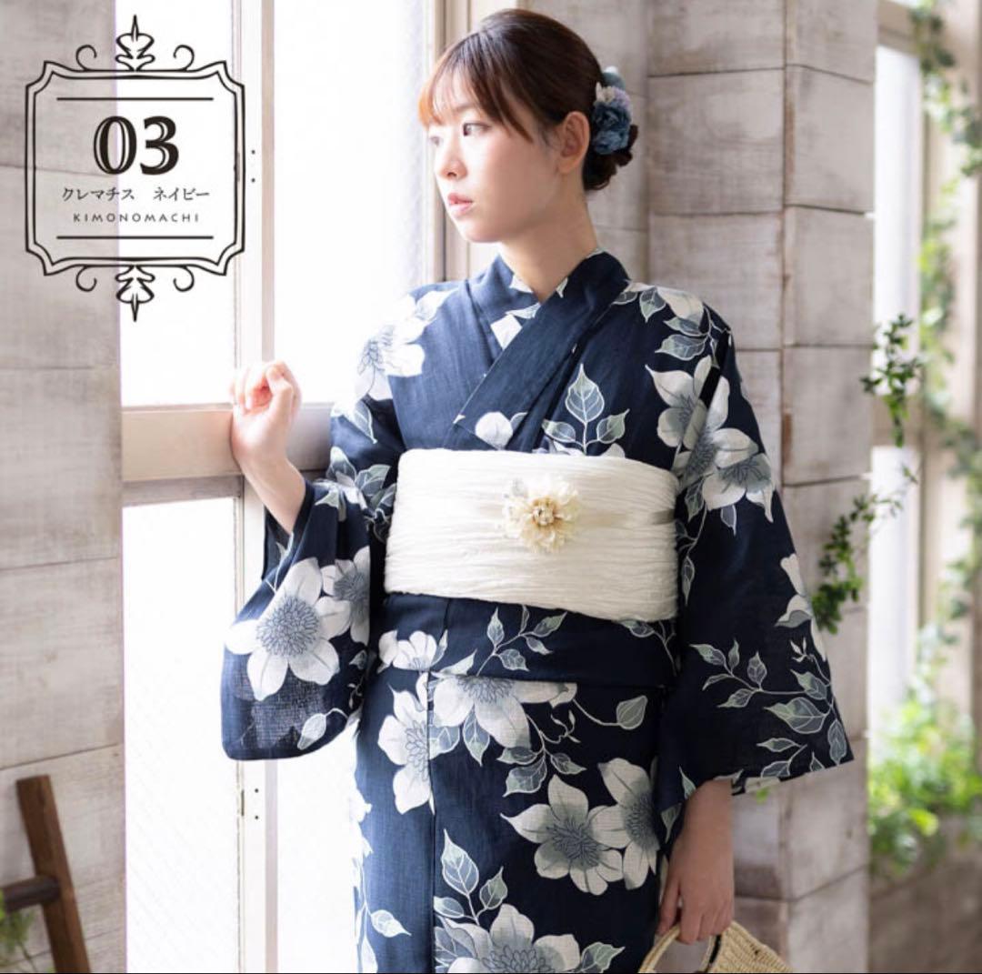 New, Unused Kyoto Kimono Town Yukata, Clematis, Navy, Women's, Floral Pattern, Free Size