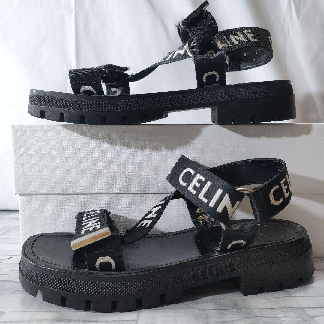 ✨CELINE Logo Nylon Belt Sandals in Black x White with Box and Dust Bag ✨ Size 41